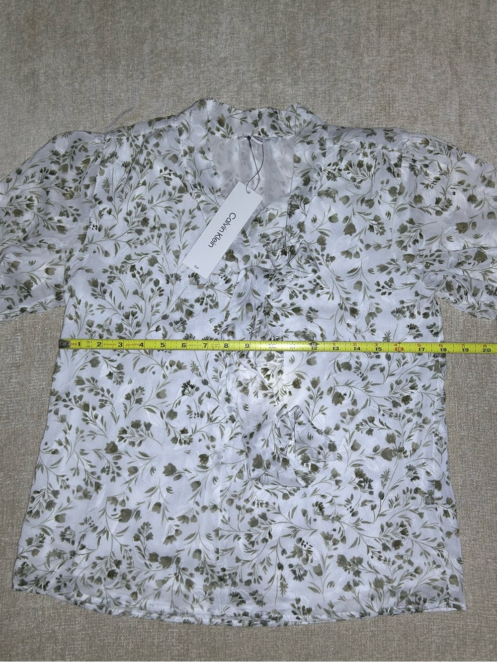 Calvin Klein White Blouse with Olive Floral Print Cottagecore - Picture 4 of 14
